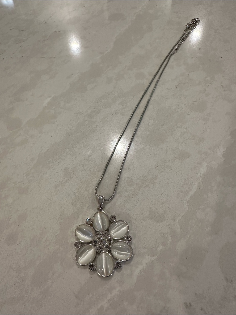 Silver Floral Pendant Necklace with White Cabochon like Accents